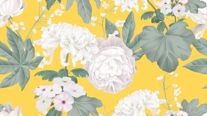 Muurstickers Botanical seamless pattern, rose, Chrysanthemum morifolium, Woolly rock jasmine and Thalictrum delavayi with leaves on bright yellow, pastel vintage theme © momosama