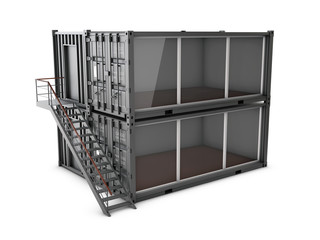 Converted old shipping container, 3d Illustration isolated gray