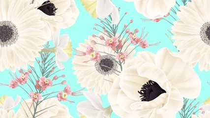 Poster Botanical seamless pattern, white anemone, white gerbera, white daffodil and peacock flowers on bright blue, pastel vintage theme © momosama