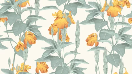 Schilderijen op glas Botanical seamless pattern, yellow crossandra flowers with leaves on light brown, pastel vintage theme © momosama