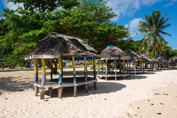 Beach fale's on a white sand beach on Lalomanu, Samoa