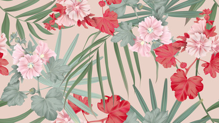 Botanical seamless pattern, Alcea or hollyhocks flowers and palm leaves on brown, pastel vintage theme