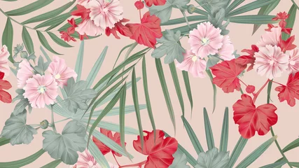 Gordijnen Botanical seamless pattern, Alcea or hollyhocks flowers and palm leaves on brown, pastel vintage theme © momosama