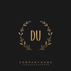 letter DU surrounded by beautiful and elegant flowers and leaves. Wedding monogram logo template.