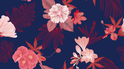 Fototapeta na wymiar Botanical seamless pattern, various red flowers and leaves on dark blue, red and blue tones
