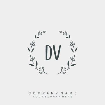 letter DV surrounded by beautiful and elegant flowers and leaves. Wedding monogram logo template.