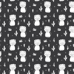 Cute Lion Seamless Pattern, Cartoon Hand Drawn Animal Doodles Vector Illustration Background