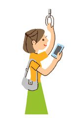 電車でスマートフォンを見る女性