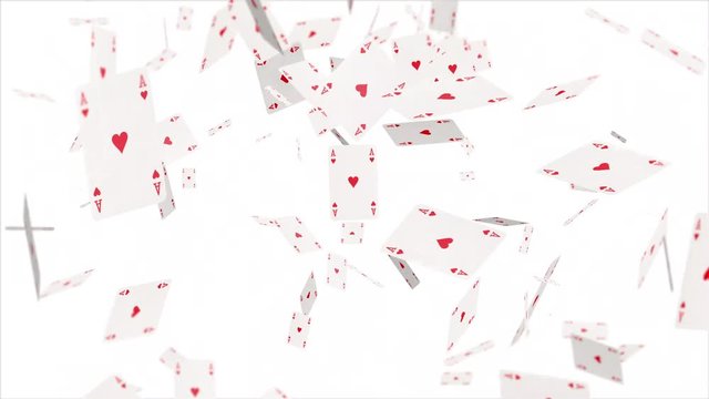 Falling ace of hearts cards on white