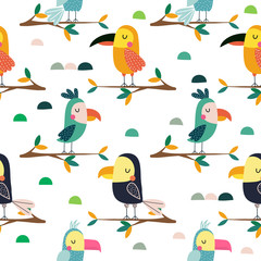 Parrots sitting on a tropical tree, childish design for fabric, wrapping, textile, wallpaper, apparel.