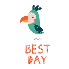 Cute parrot vector illustration.Childish print for T-shirt, cloth, baby wear, kid’s room decoration.