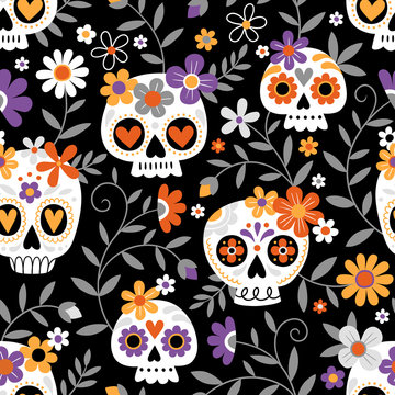 Hand drawn seamless vector pattern with cute sugar skulls and flowers. Perfect for fabric or wrapping paper. 