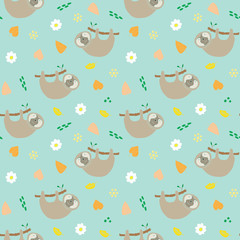 Cute Sloth Seamless Pattern, Cartoon Hand Drawn Animal Doodles Vector Illustration Background
