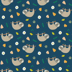 Cute Sloth Seamless Pattern, Cartoon Hand Drawn Animal Doodles Vector Illustration Background