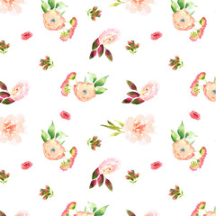 Bright Wedding bridal romanric bouquet seamless pattern. Hand drawing watercolor red and purple and green flowers ornament