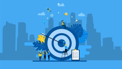 Website or landing page of Target with an arrow, hit the target, goal achievement with Tiny People Character Concept Vector Illustration, Suitable For web landing page,Wallpaper, Background, Card, 