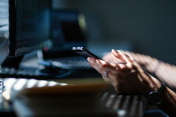 woman hands using smartphone, home office background, social media  influencer