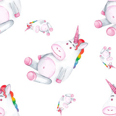 Seamless pattern. Unicorns with rainbow mane on white background. Hand drawn watercolor illustration.