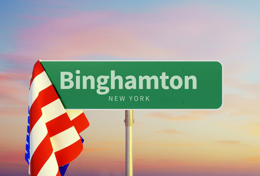 Binghamton – New York. Road or Town Sign. Flag of the united states. Sunset oder Sunrise Sky. 3d rendering