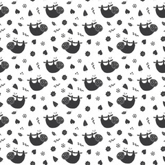 Cute Sloth Seamless Pattern, Cartoon Hand Drawn Animal Doodles Vector Illustration Background