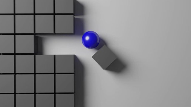 ultra high definition resolution three dimensional computer generated animation of blue sphere transform and get out of boring gray cubes pattern, top view, copy space, thirty frame per second