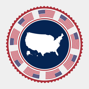 USA flat stamp. Round logo with map and flag of USA. Vector illustration.