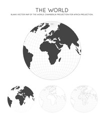 Map of The World. Chamberlin projection for Africa projection. Globe with latitude and longitude lines. World map on meridians and parallels background. Vector illustration.