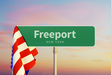 Freeport – New York. Road or Town Sign. Flag of the united states. Sunset oder Sunrise Sky. 3d rendering