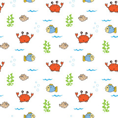 Cute Crab and fishes Seamless Pattern, Cartoon Hand Drawn Animal Doodles Vector Illustration Background