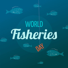 Card design for World Fisheries Day with fish and the word "day" on the hook.  Vector illustration for poster, banner, postcard, t-shirt.