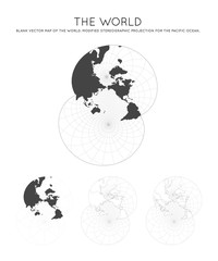 Map of the World. Modified stereographic projection for the Pacific Ocean. Globe with latitude and longitude lines. World map on meridians and parallels background. Vector illustration.