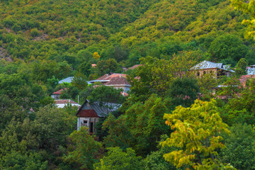 Fototapeta na wymiar Residential houses on the slope of green mountains