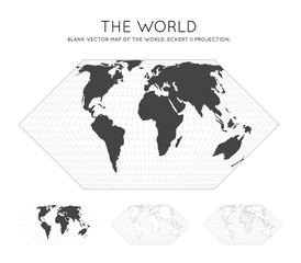 Map of The World. Eckert II projection. Globe with latitude and longitude lines. World map on meridians and parallels background. Vector illustration.