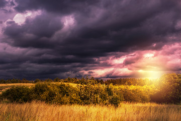 Dramatic Landscape with dark blue rainclouds before the thunderstorm in the field in summer time. Sunset with lens flare.