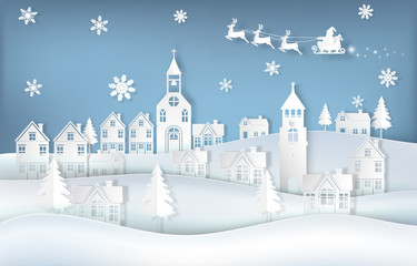 Santa and deer at city with snowflake background. Christmas season paper art illustration