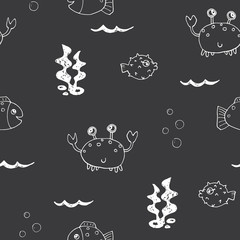Cute Crab and fishes Seamless Pattern, Cartoon Hand Drawn Animal Doodles Vector Illustration Background