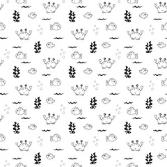 Cute Crab and fishes Seamless Pattern, Cartoon Hand Drawn Animal Doodles Vector Illustration Background