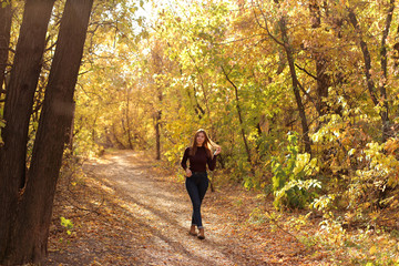 Autumn view, one girl walks in the park. The girl walks through the alley among the autumn trees. Yellow leaves, autumn park, a lonely girl is resting in autumn park.