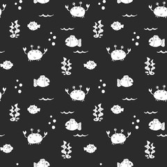Cute Crab and fishes Seamless Pattern, Cartoon Hand Drawn Animal Doodles Vector Illustration Background