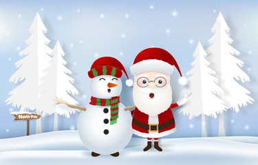Santa with snowman and north pole tag paper art, paper craft style background illustration