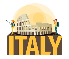 Travel Card with the word "Italy", Roman Colosseum and tourists