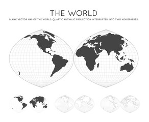 Map of The World. Quartic authalic projection interrupted into two hemispheres. Globe with latitude and longitude lines. World map on meridians and parallels background. Vector illustration.