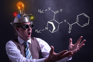 Nerd presenting handdrawn chemical formula of cocaine