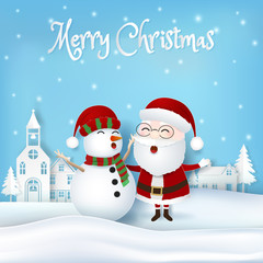 Santa with snowman and city paper art, paper craft style Merry Christmas background