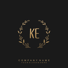 letter KE surrounded by beautiful and elegant flowers and leaves. Wedding monogram logo template.