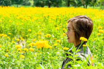 Fototapeta premium asia woman in the yellow flower field