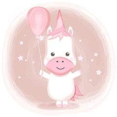 Cute unicorn with balloon cartoon illustration background