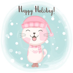 Cute kitten with snow cartoon watercolor illustration