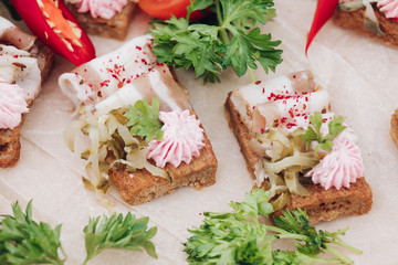 Appetizing sandwich with bacon decorating greenery serving on plate ready for eating close-up. Amazing beautiful food grilled bread with meat and fish preparing for event
