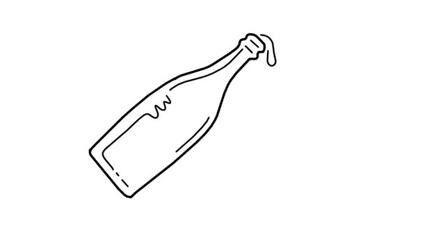 2d Animation motion graphics monoline drawing of a champagne wine bottle dripping or pouring liquid on white, black and green screen in HD high definition.